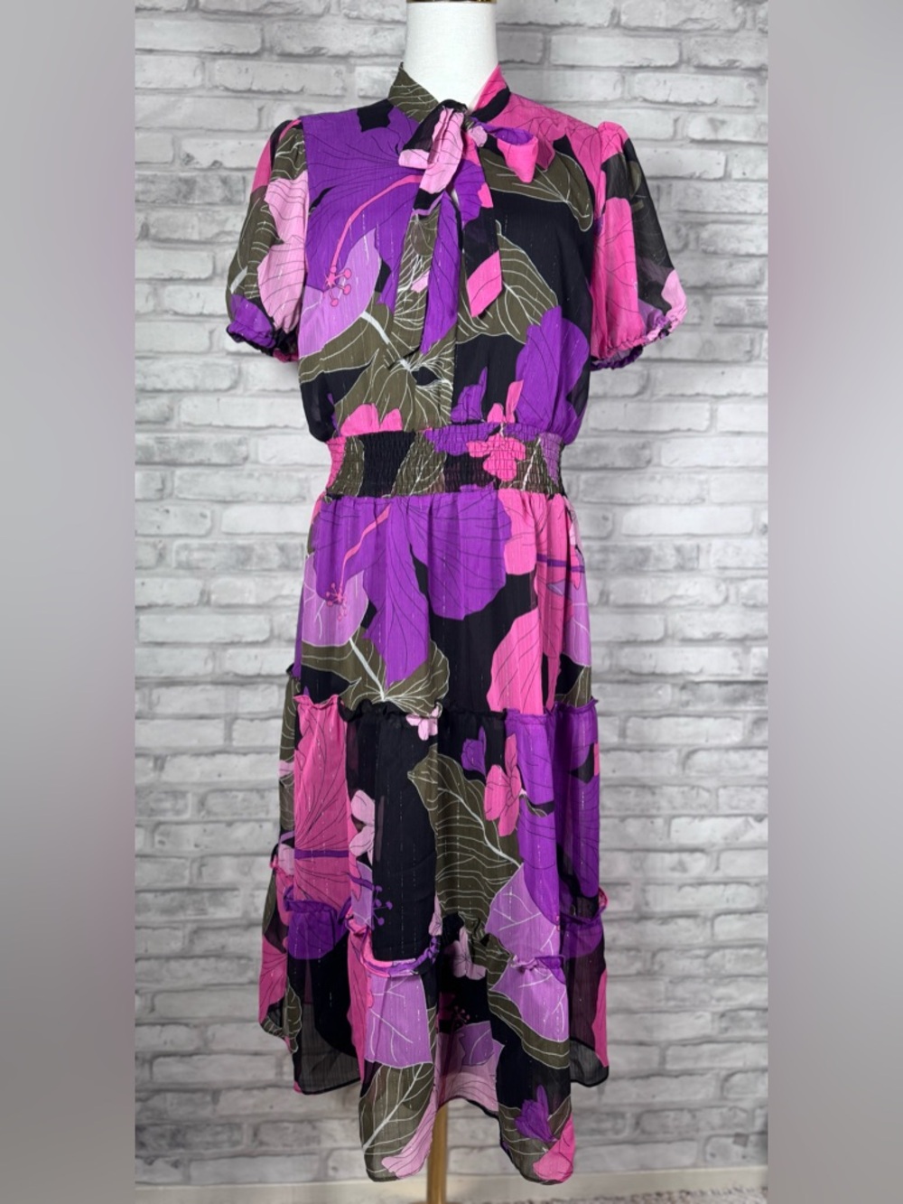 Liz Claiborne Black, Purple & Pink Floral Tie-Neck Maxi Dress